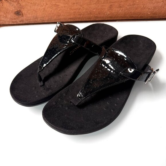 Vionic Sandals Womens Size 11 Tropaz Black Patent Leather T Strap Comfort NWOT - Picture 1 of 10